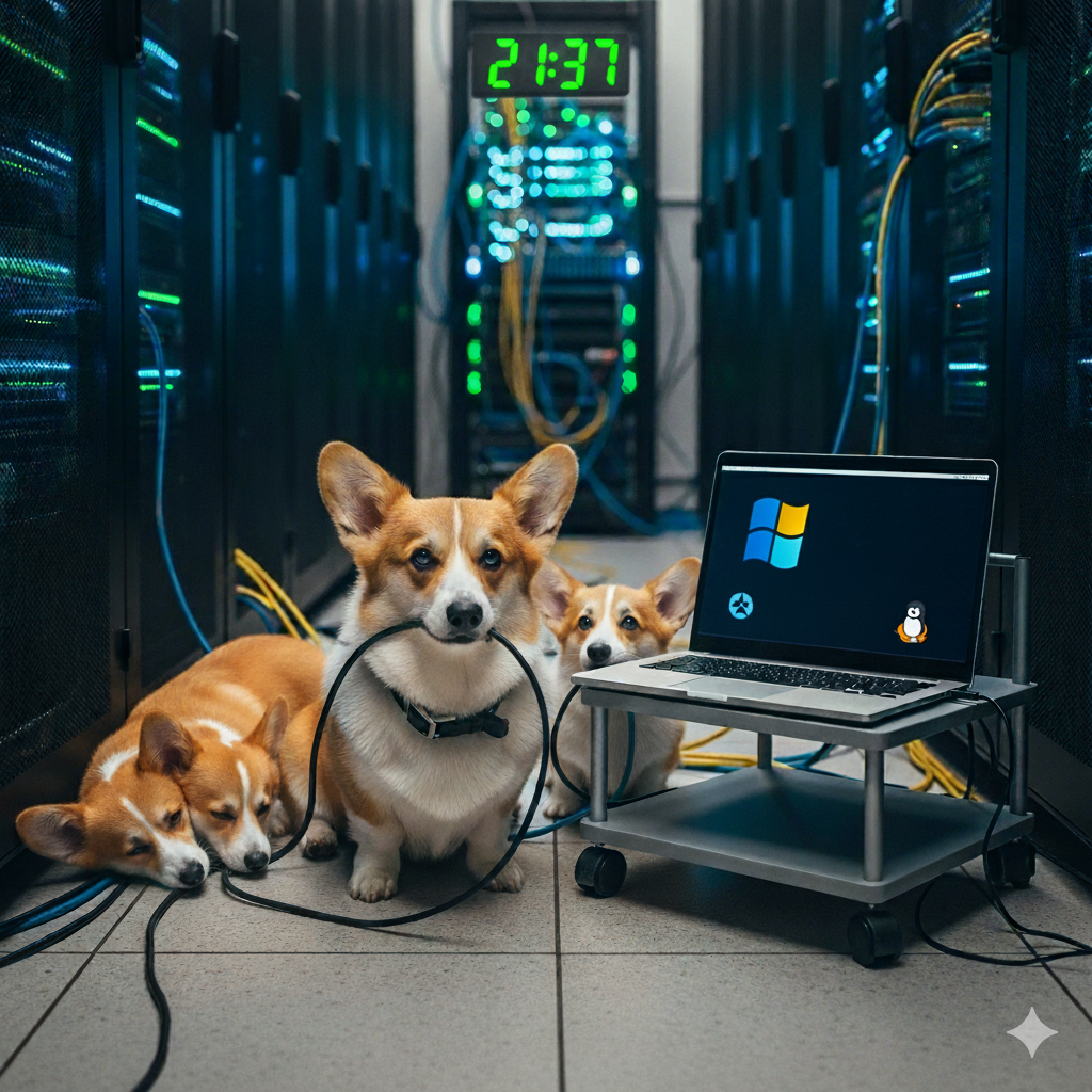 Corgi w serwerowni z laptopem